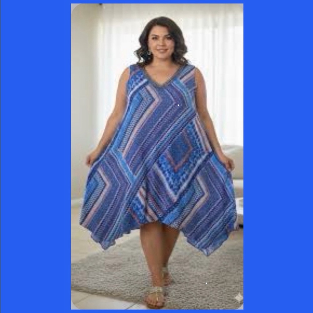 Sandra Darren Blue Asymmetrical Halter Sundress